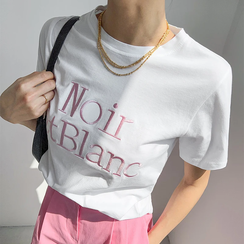 

Ele Summer New round Ne Embroidered Letter Design Loose Casual ort Sve T-irt Top Faionable Versatile Korean St...