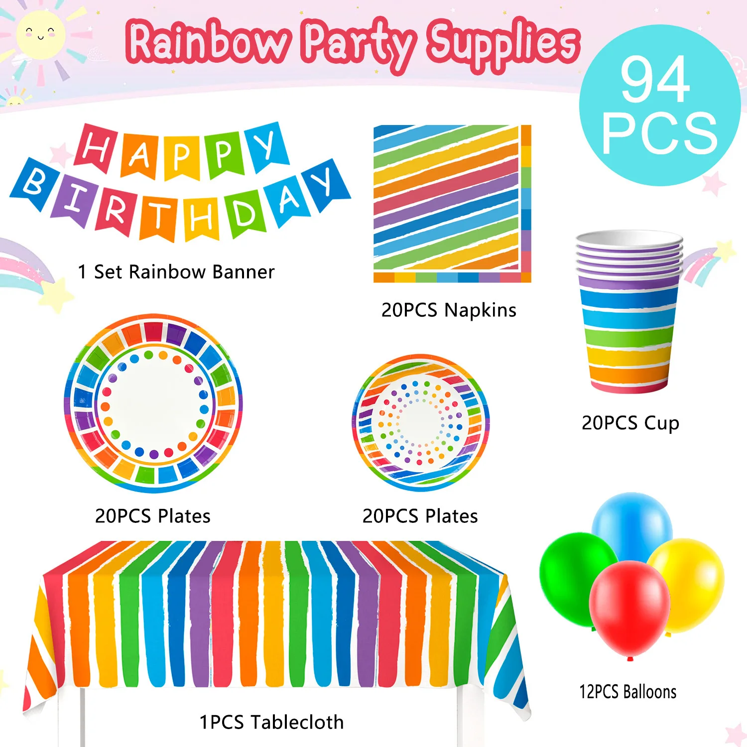 Rainbow Party Supplies,94pcs Party Decorations&Tableware Set-Rainbow Party Plates Napkins Cups & Rainbow Balloons Banner etc