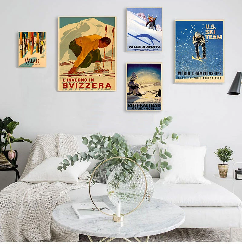 Retro Ski in Alps Switzerland Canvas Painting Skiing Vintage Wall Kraft Posters Coated Wall Stickers Home Decoration Pictures