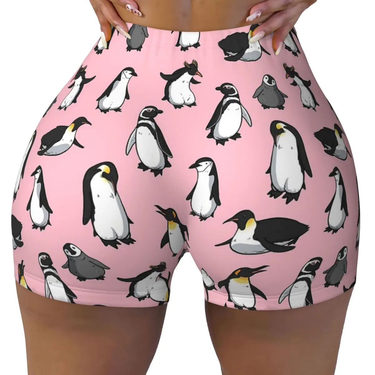 

Пользовательские шорты для йоги с милым рисунком пингвина (розовый вариант), женские шорты для йоги, спортивные шорты для тренировок в тренажерном зале, бега, волейбола, байкерские шорты