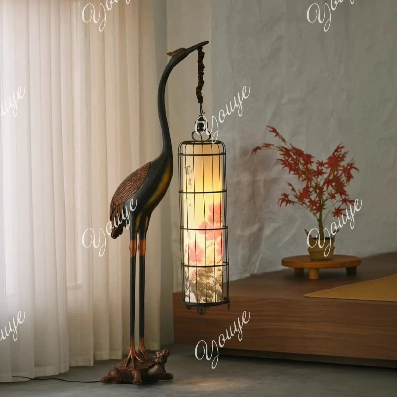 New Chinese-style floor-to-ceiling birdcage creative lobby living room ornament turtle crane Yannian crane Zen vertical