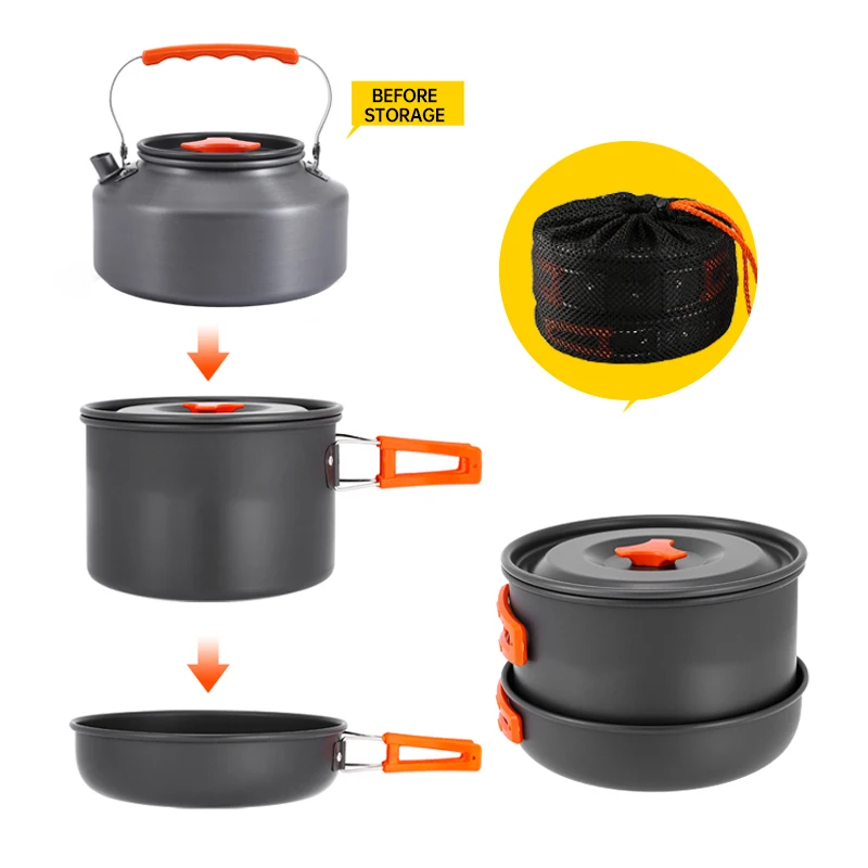 Camping cookware set for 2-3 people portable outdoor tableware for hiking picnicking travel cooking utensils kettle pot set