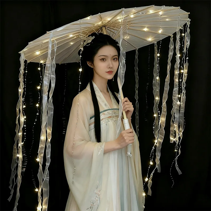 Party Supplies Hanfu Umbrella Chinesecraft Wedding Decor Prop White Silk Ribbons LED Lighted Umbrella Wedding Decoration Parasol