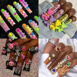 Pink Y2K Kawaii Mix Resin Cartoon Bunny Bear Ice Cream Part Gem Handmade Accessory XXXL Long Nail Art Big Decoration Charm