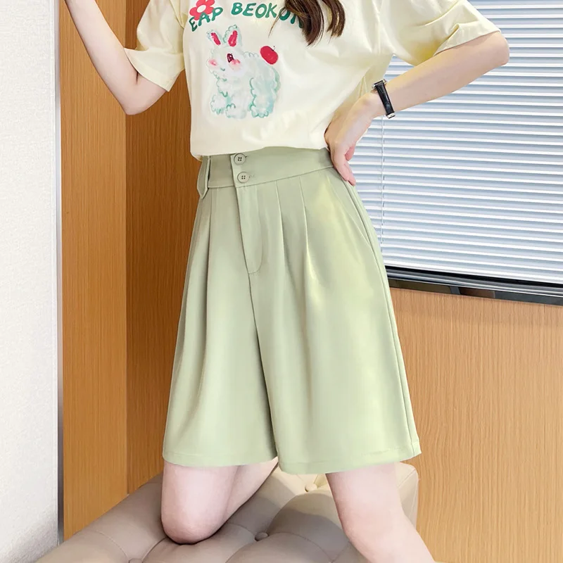 Black High Waist Loose Women's Suit Shorts Summer Outdoor Wear Polyester Wide Leg Pants Casual Street Style Five-Quarter Length