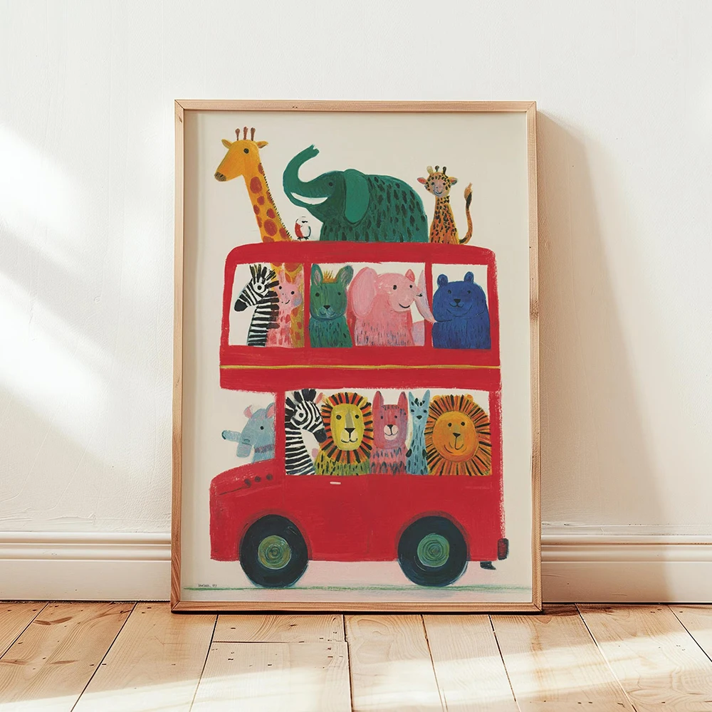Animal Illustration Print Safari Animals On Red Bus Scene Childrens Nursery Poster Cartoon Canvas Painting Kids Room Home Decor