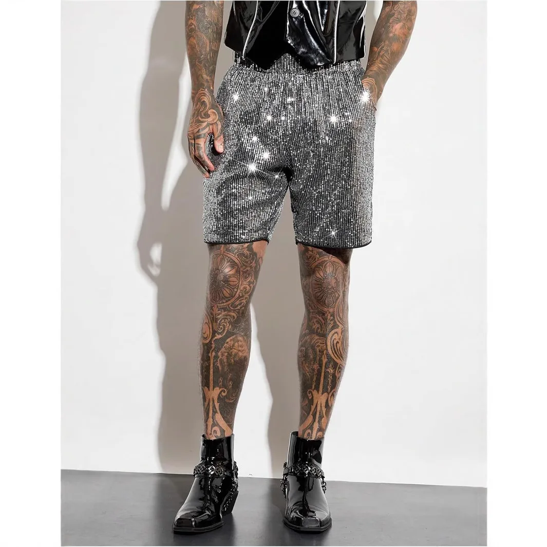 New Men's Shiny Sequin Straight Shorts Sequin Five-Point Shorts