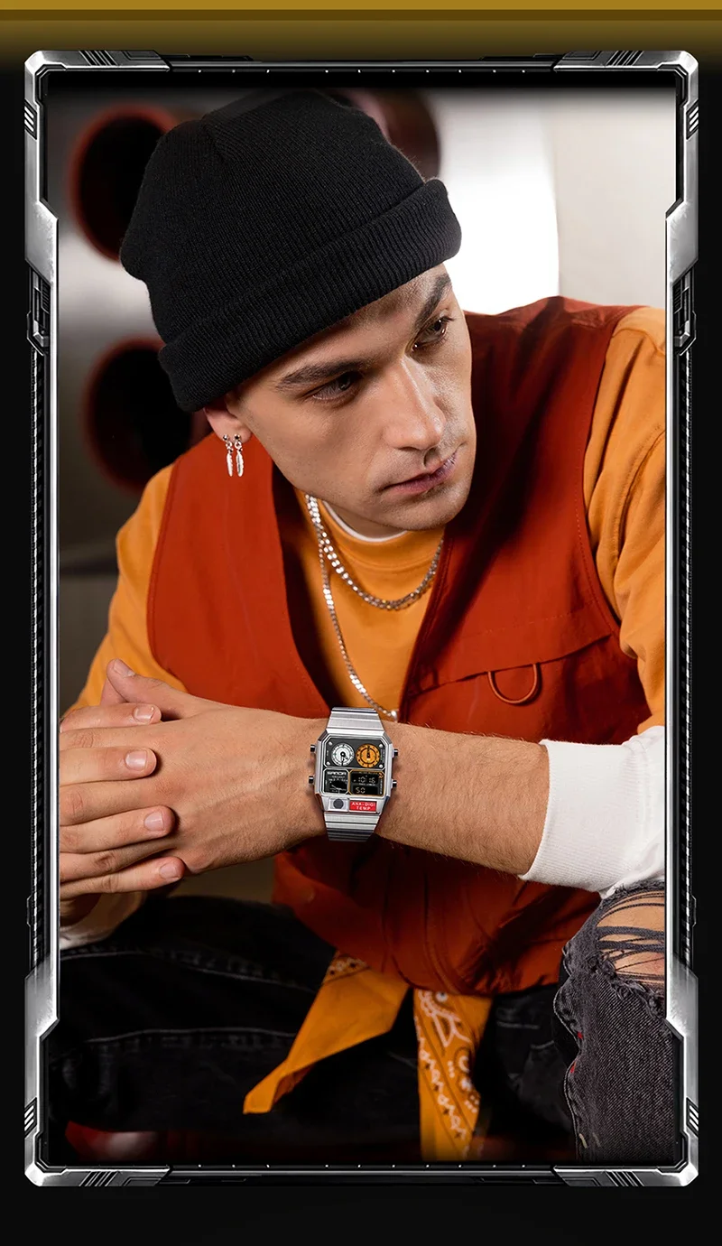 SANDA 3192 Neuer Chronograph, LED, elektronisch, quadratisch, drei Zeitzonen, lässig, Multifunktions-Thermometer, Stoppuhr