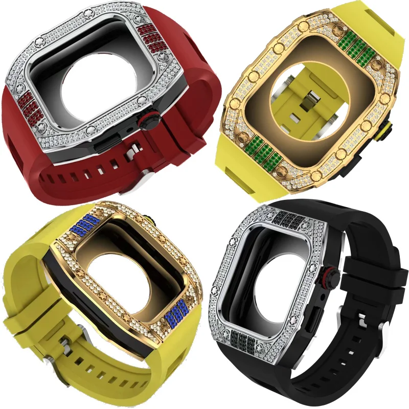 Fhx-109A New For Apple Watch Case Modified Apple iwatch7 Stainless Steel Diamond Case with Silicone Band