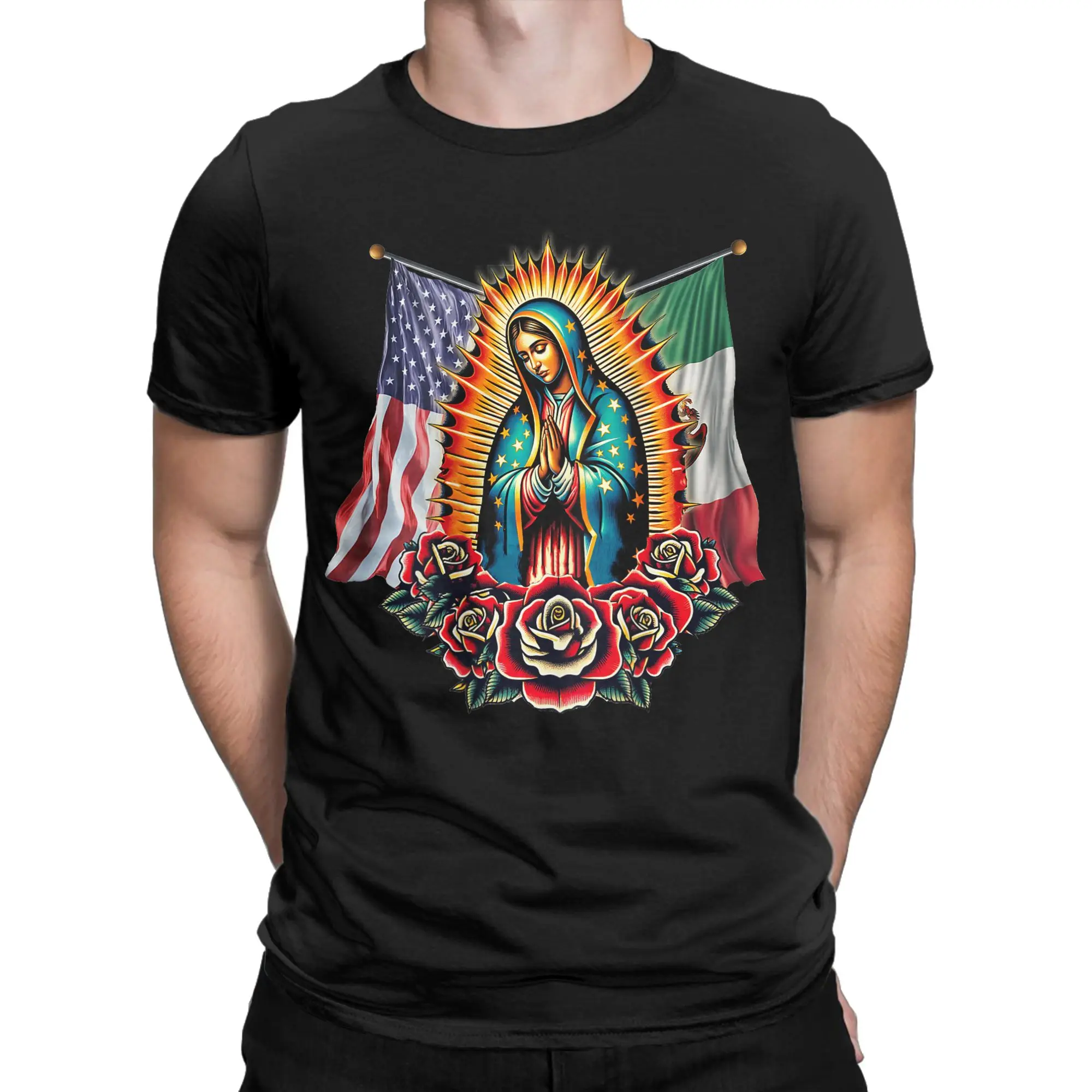 Men's  De Guadalupe Virgin Mary Mexican American Flag T Shirts Tops Vintage Short Sleeve O Neck Tees Birthday Gift T-Shirts