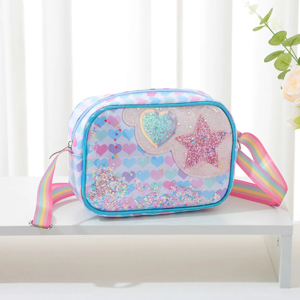 Colored Love Star Sequins Kids Shoulder Bags Rainbow Strap Sweet Girls Small Messenger Bag Square Children Crossbody Coin Purse