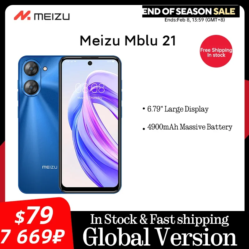 Global Version Meizu Mblu 21 Smartphone 13MP Rear Camera 4900mAh Battery 6.79inches 90Hz Display UNISOC T606 CPU