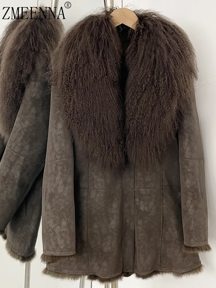 

ZMEENNA Women's Dark Brown Coat With Plush Curly Faux Fur Collar Oversized Lapel Shaggy Winter Warm Outerwear ZM4048