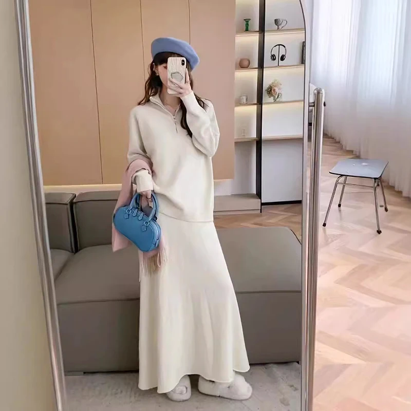 Korea Knitted Women Skirts 2 Piece Sets Loose Warm Soft Elegant Sweater Tops Conjunto New Casual High Waist Long Skirts Ensemble