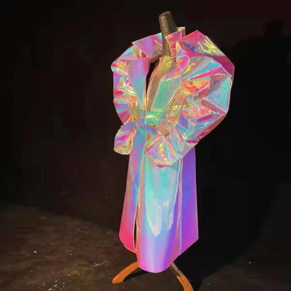 

Reflective Party dj lady gaga show music Festival singer Luminous fabric Laser Leather Jacket New Trench coat