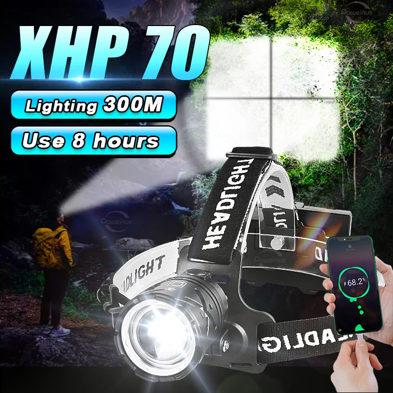 

2024 The Most Powerful XHP70 LED Headlamp White Light Camping Headlight Zoomable 3*18650 USB Rechargeable Portable Head Lantern