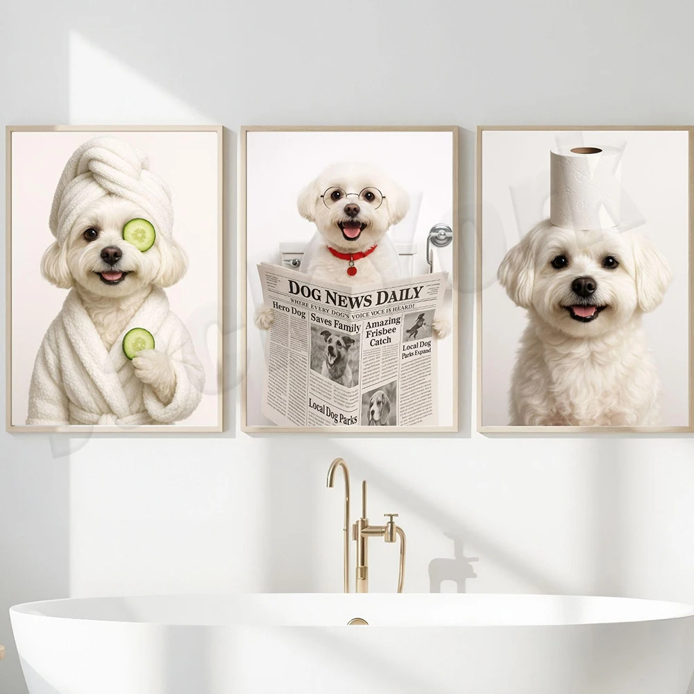 Póster para baño con imágenes de un Plummer Terrier, Bulldog Inglés, Parsons Russell Terrier, Norwegian Hound y Maltese con batas de baño.