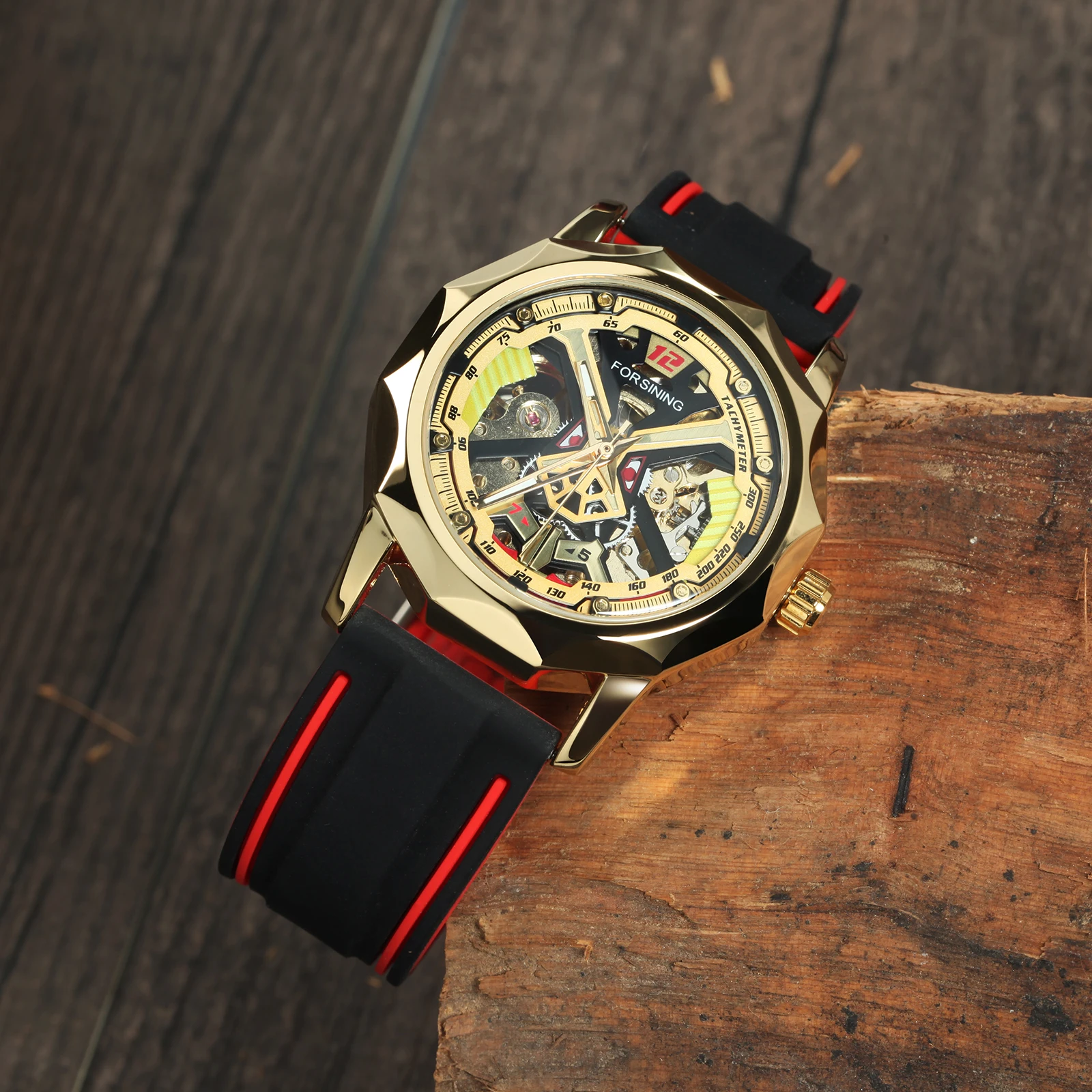 Forsining Fashion Gold Skeleton Mechanical Watches for Men Luminous Hands Casual Black Red Rubber Strap Irregular Sports Watch