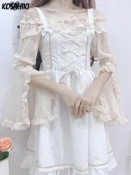 KOSAHIKI Kawaii Lace Shirt Lolita Blouses Women Split Flare Sleeve 2024 Japanese Chiffon Blusas Preppy Style Cosplay Cute Tops