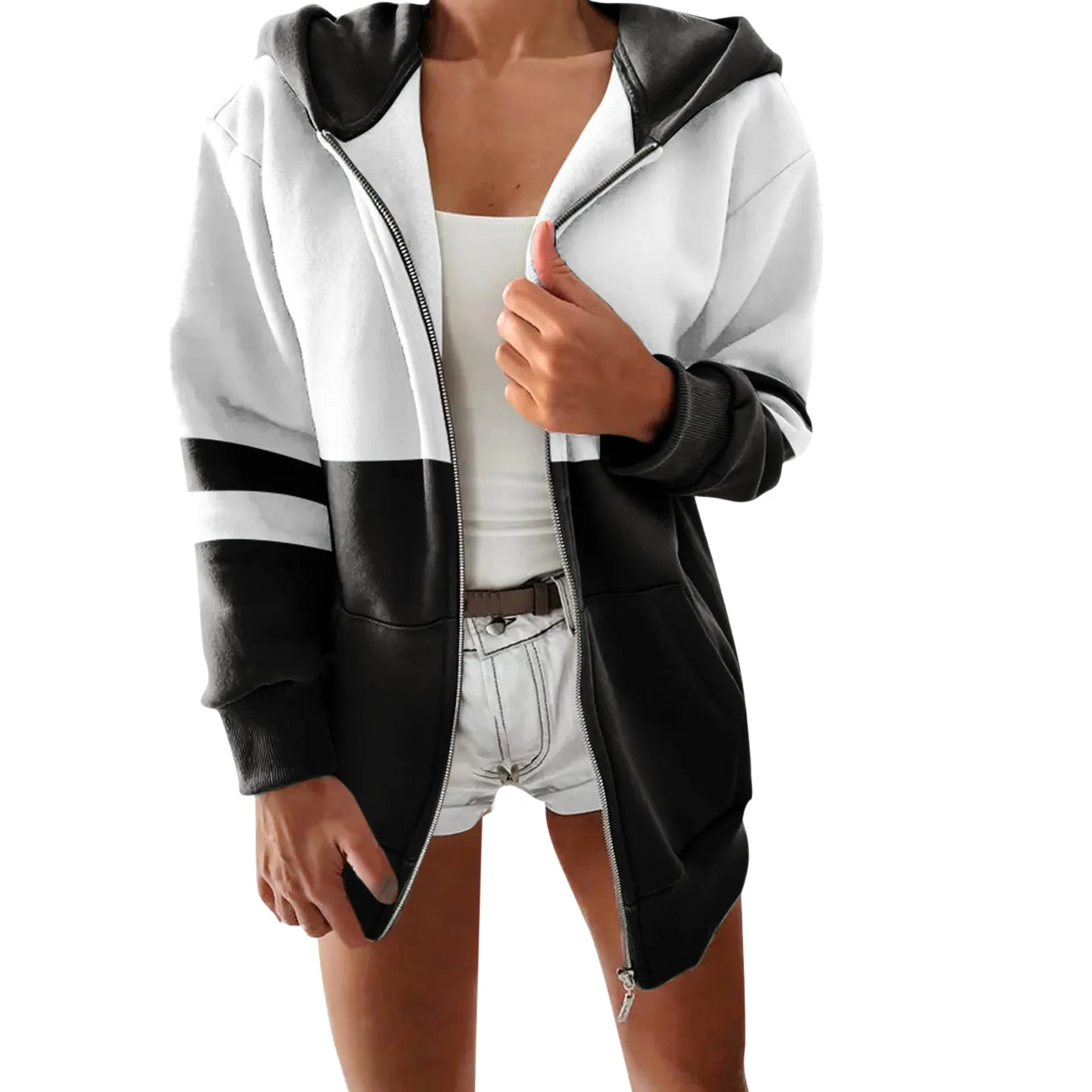 Women Casual Full Zip Up Plush Hoodie Comfy Loose Solid Sweatshirt Long Sleeve Jacket With Pockets Study Windbreaker Jacket