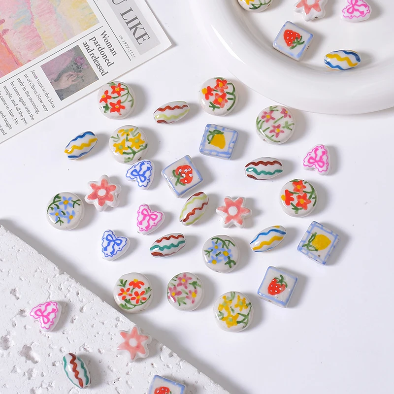 

10 шт./лот DIY микс ювелирных изделий аксессуары тюльпан клубника ручная роспись керамический цветок бусины с прямыми отверстиями для подвесок телефона кулон