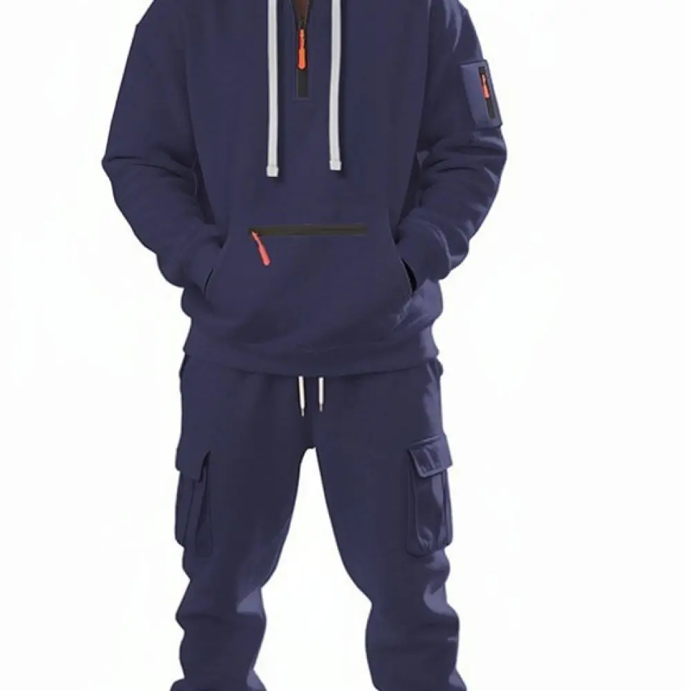 Mens Winter Fleece Tracksuit Set Long Sleeve Hoodie Cargo Trousers Loose Fit Casual Sportswear Outdoor Running Jogger Outfit