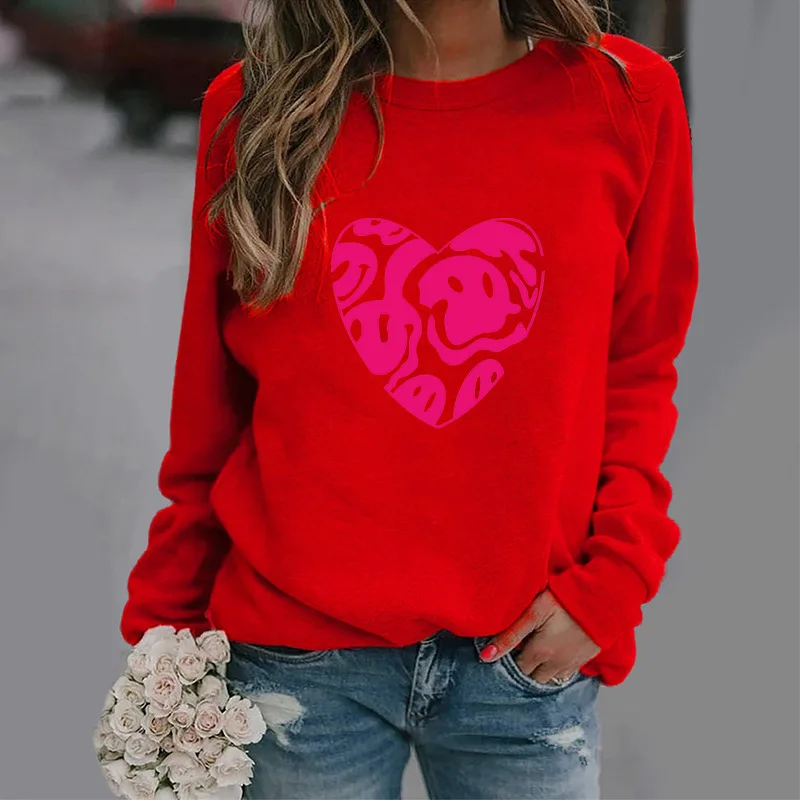 Fashionable Heart-shaped Smiling Face, Trendy Round-neck Hoodie, Autumn Printed Sport Top, Warm Pullover Graphic T Shirts