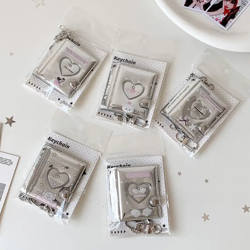 Fashion Korean Silver Love 2-Inch Card Album Cute Girl Idol Photo Storage Pendant Card Bag Decoration Keychain Gifts