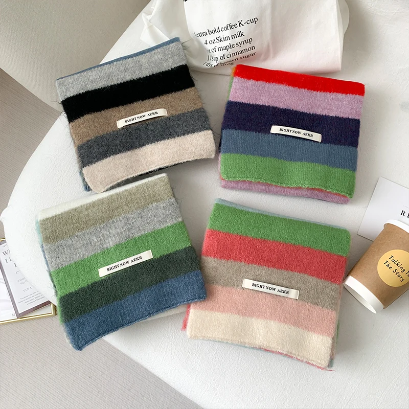 Rainbow Stripes Mohair Scarf Men And Women In Winter Colour Blocking Stripes Wool Short Scarf Students Warm Short Scarf