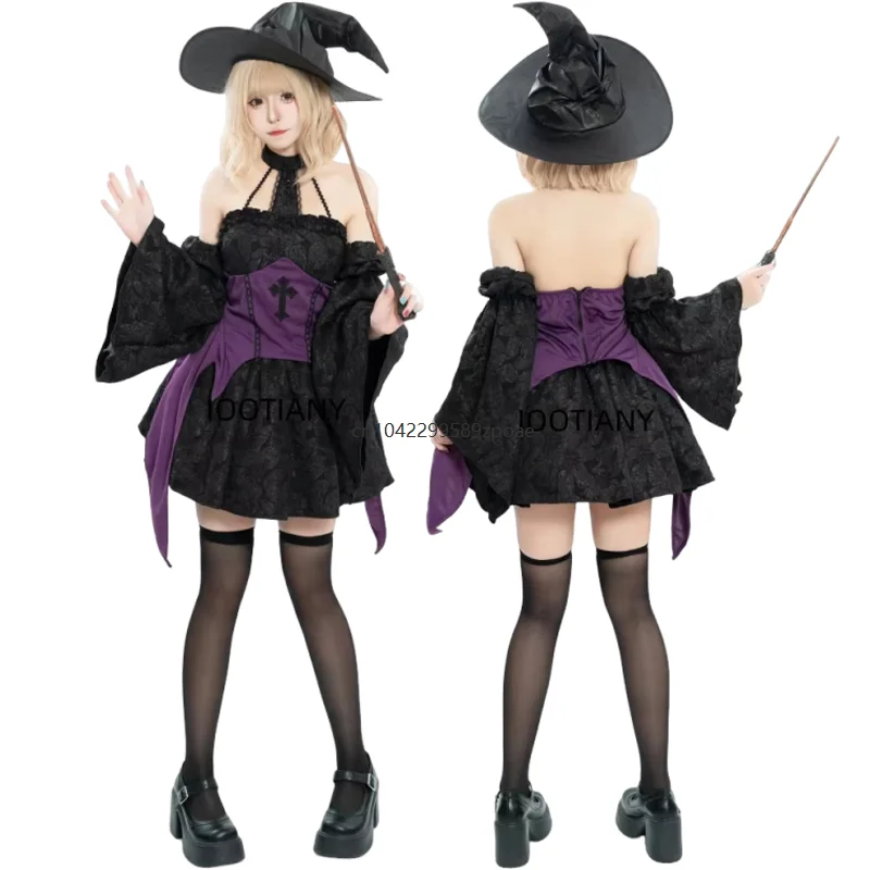 Damen Sexy Hexen-Kostüm Schwarzes Neckholder-Kleid Punk Erwachsenen-Cosplay Fantasie-Outfit Halloween-Party Karneval Tanz Minirock 2026