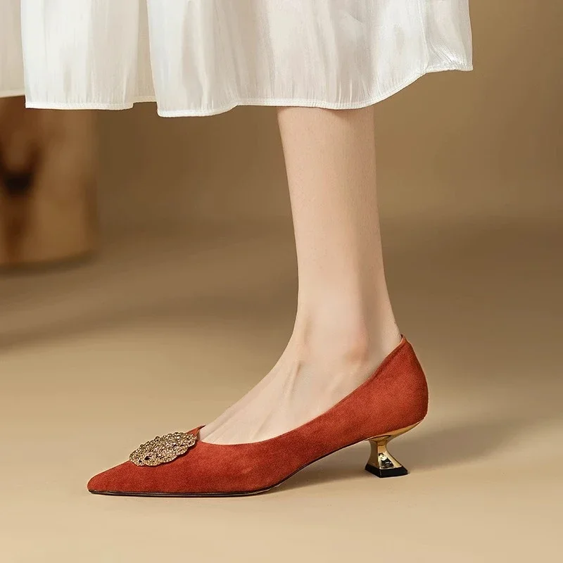 French Black Med Heels Women\'s Shoe Comfortable Office & Career Shoes Soft Leather Suede Pointed Shallow Shoes Pumps Zapatos