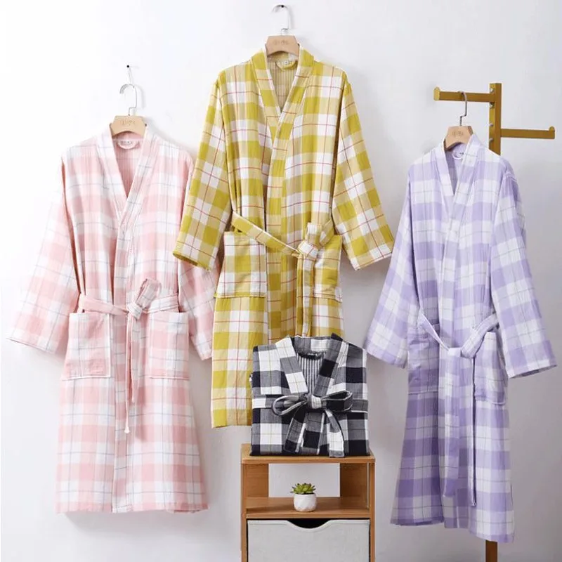 

Comfortable Couple's Pure Cotton Plaid Kimono Robes New Loose Casual Water Uptake Bathrobe Pajamas Sweat Women&Men Home Clothing