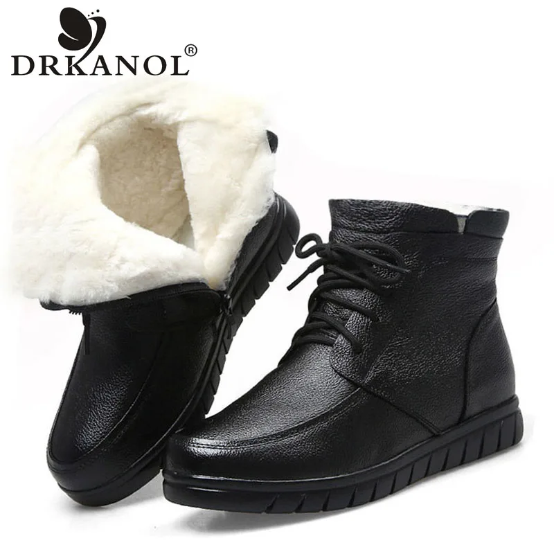 

DRKANOL Women Snow Boots Winter Warm Shoes 100% Natural Wool Genuine Leather Non-Slip Rubber Sole Shearling Fur Flat Ankle Boots