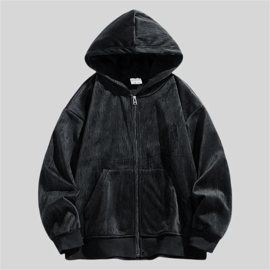 Zipper Vintage Hoodies Men Thick Fleece Warm Hooded Sweatshirts Mens Loose Solid Casual Hoodie Autumn Couple Pocket