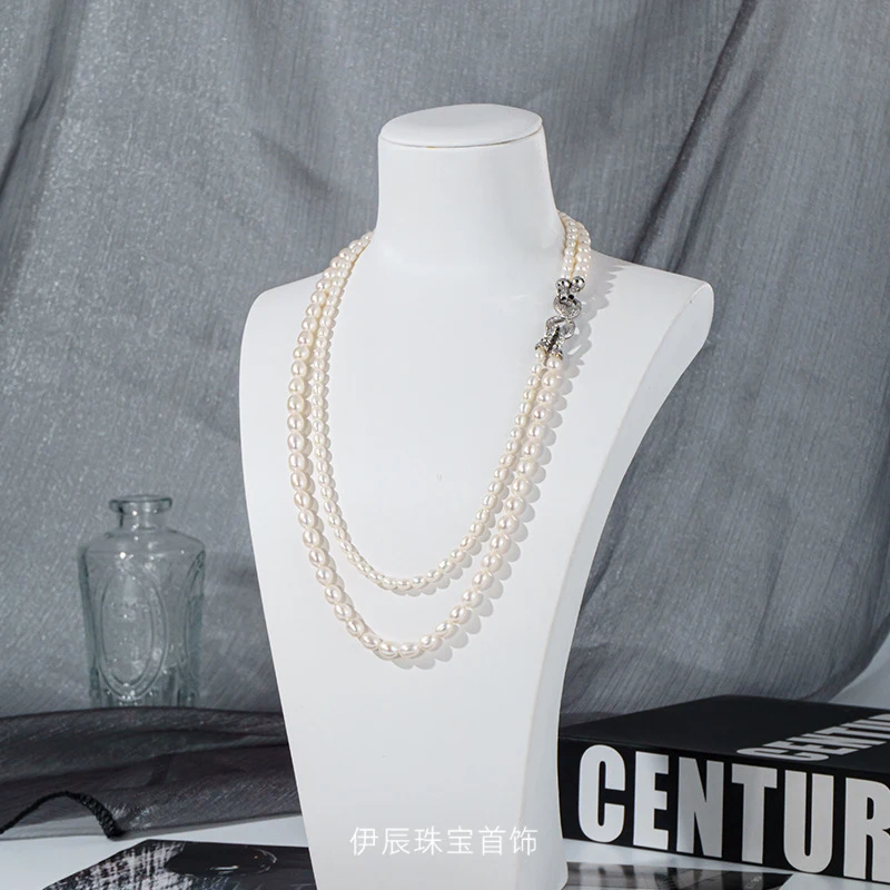 Freshwater pearl necklace, double-layered, French-style sweater chain, versatile with a figure-eight clasp women