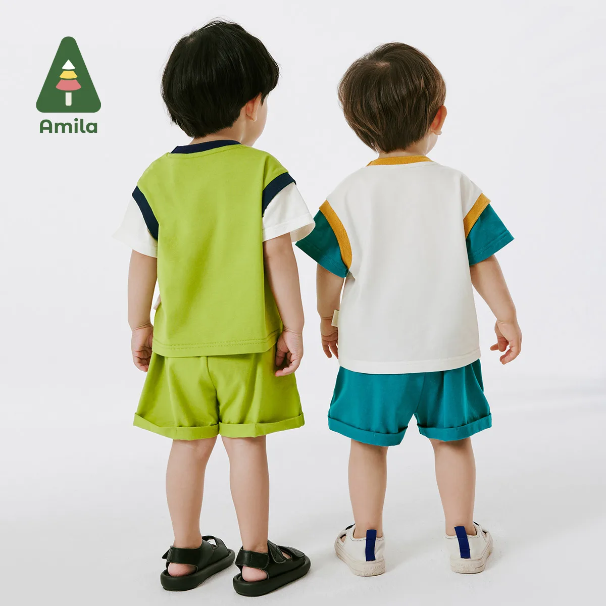 Amila Baby set 2024 Summer New Color Contrast Fake Two Sports Shorts Set Cotton Breathable Clothing 0-6 Years Old