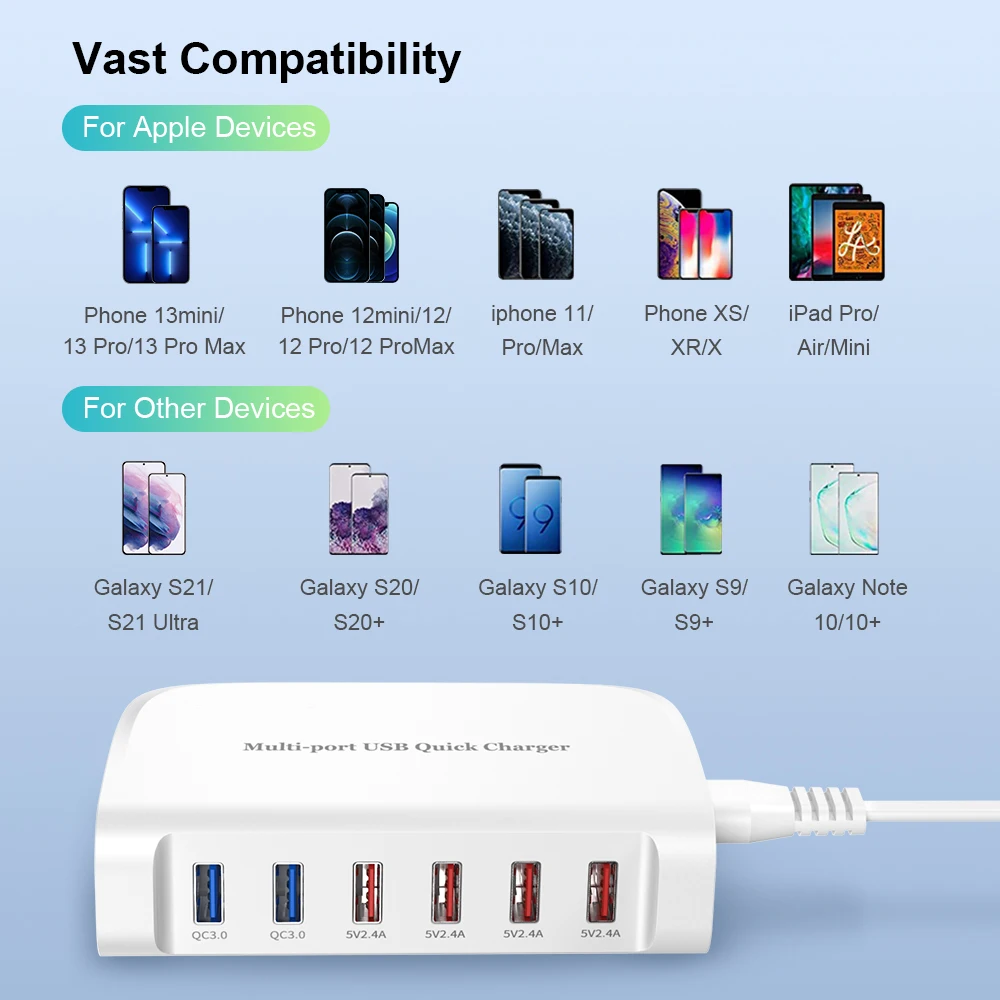 VATID 84W Desktop สถานีชาร์จ USB Smart Fast Charger 6พอร์ต USB QC3.0สำหรับ iPhone 12 11 Huawei samsung Xiaomi