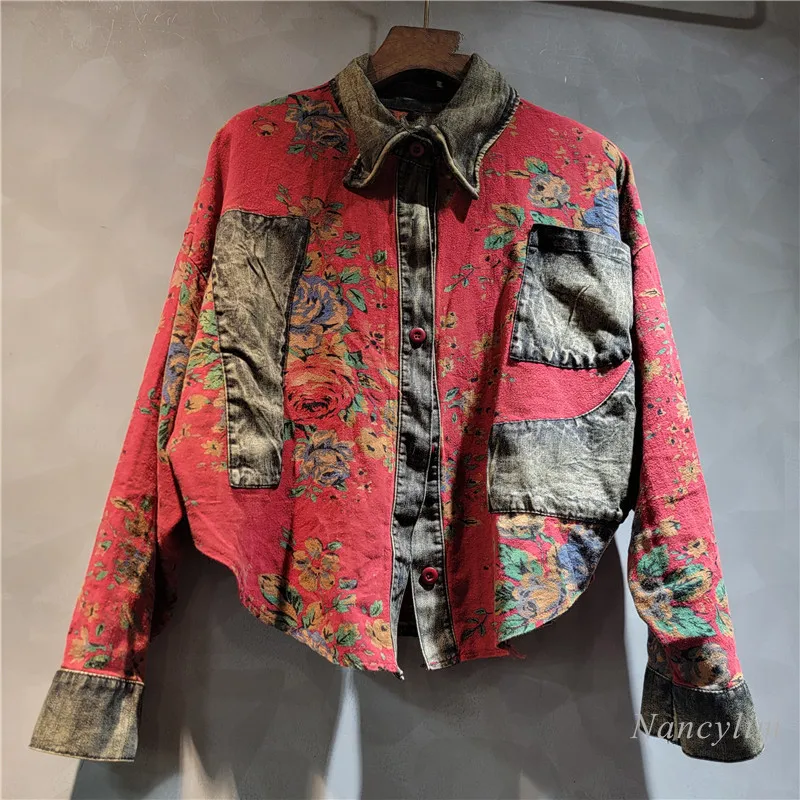 

Personalized Niche Design Ethnic Chinese Northeast Floral Long-sleeved Casual Shirt Women's 2024 New Loose Large Size Blouse Top