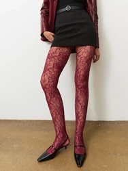 Kave Sexy Burgundy Hollow Jacquard Mesh Tights Internet Celebrity Black Silk Bottom Socks Fishing Net Socks Flower Pattern Socks
