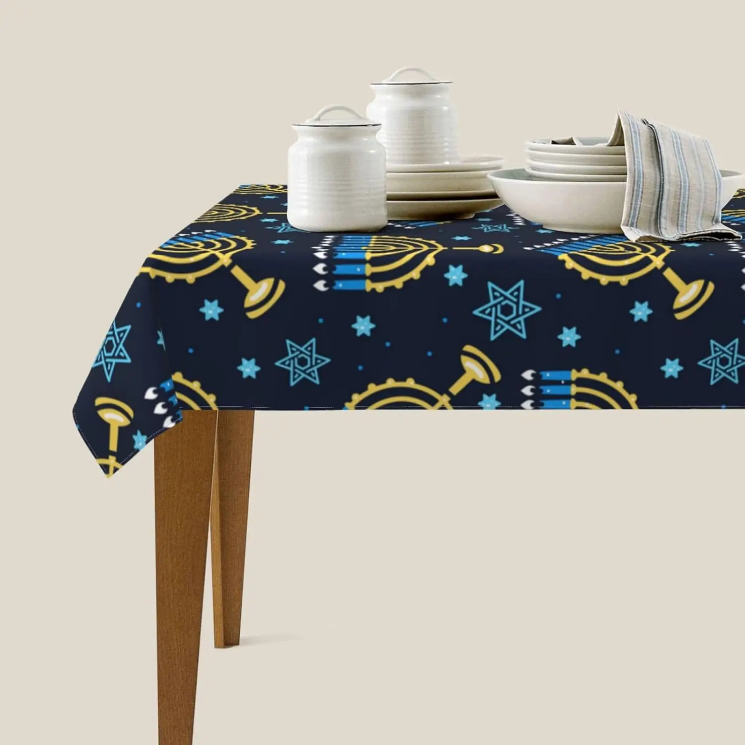 Happy Hanukkah Menorah Waterproof Tablecloth for Table Decor Reusable Jewish Chanukah Kitchen Dining Table Cloth Home Decoration