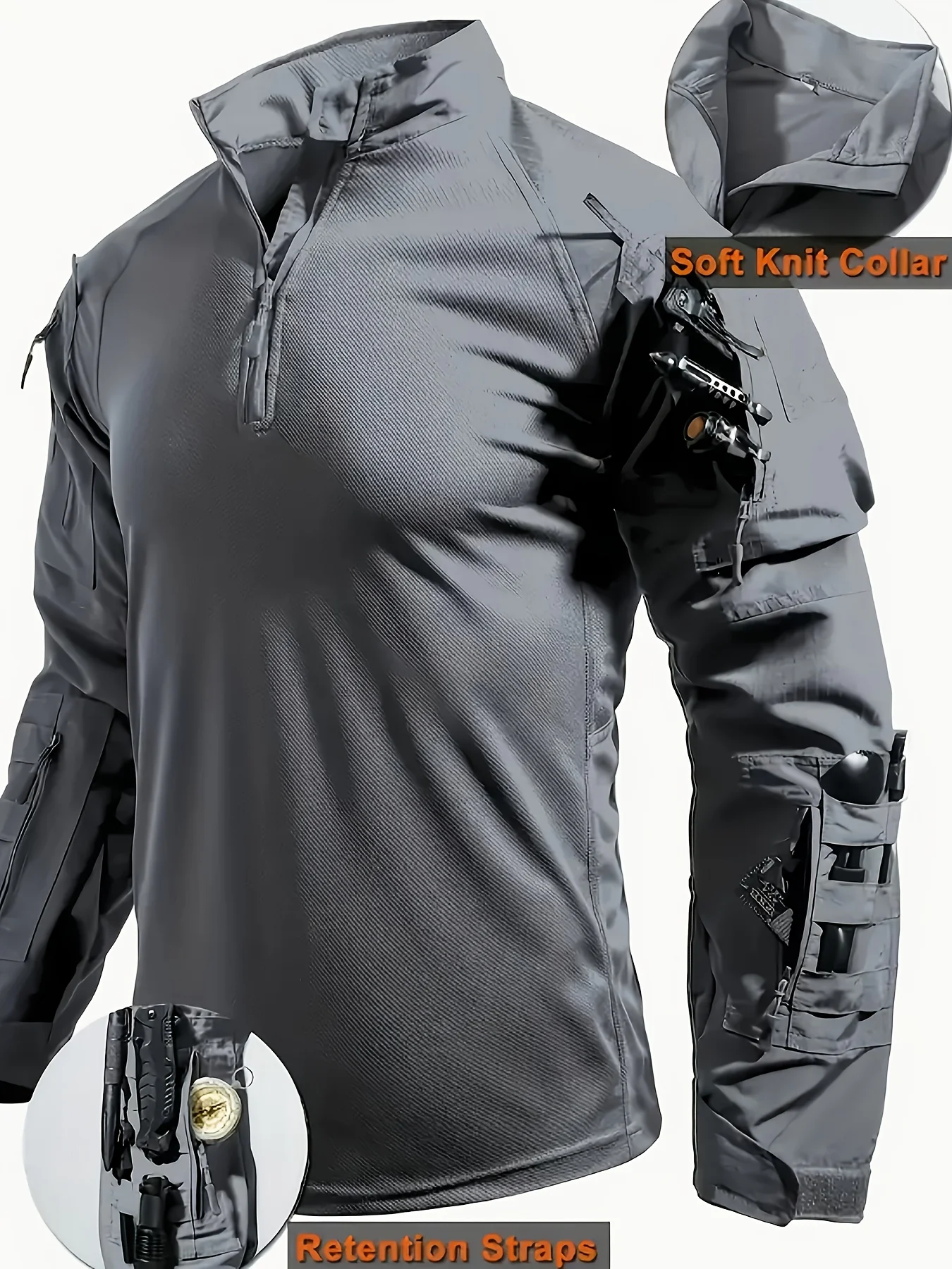 Men Outdoor Tactical Shirts Solid Training Long-Sleeve T-Shirt Tops Wear-Resistant Hunting Shirt Multi-Pocket Adventure Workwear