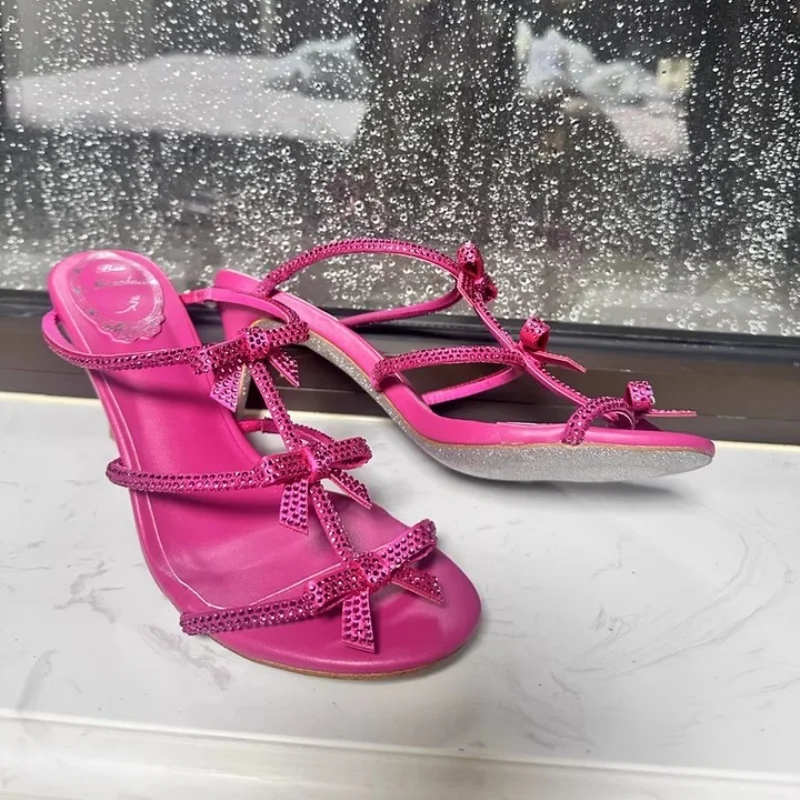 

Diamond Bow Sandals Women's Rose Red and White Color Slim Heel Straight Strap with Exposed Toe High-Heeled Slippers Mulers