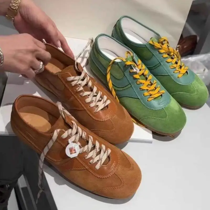 German Training Shoes Women 2026 Summertime Flat Lace-up Forrest Gump Shoes Women Genuine Leather Mesh Ventilation Sneakers