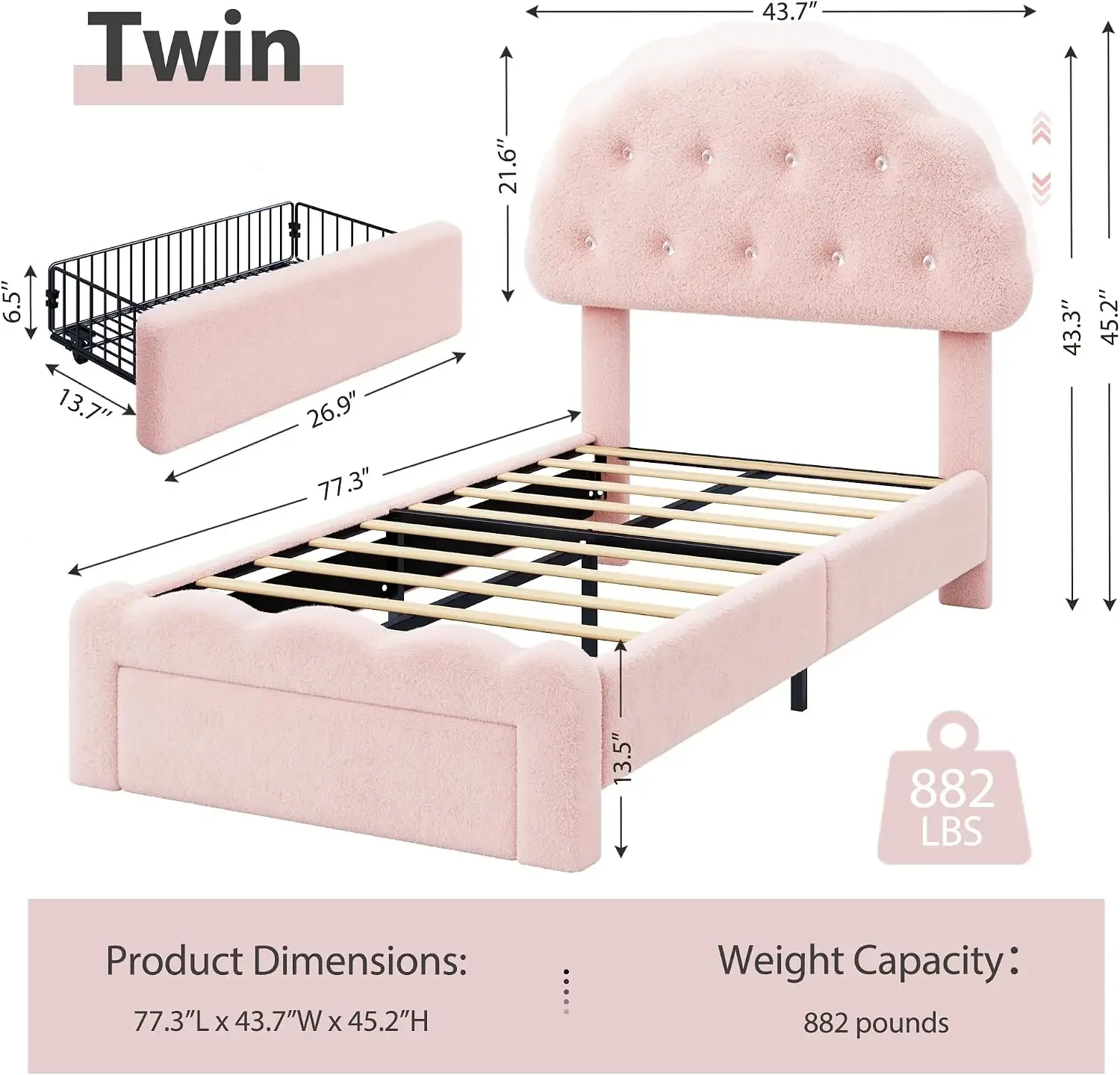 USA Stock Twin Bed Frame with Storage Drawer, Cloud Cookie Upholstered Bed with Adjustable Headboard and High Footboard, Teddy F