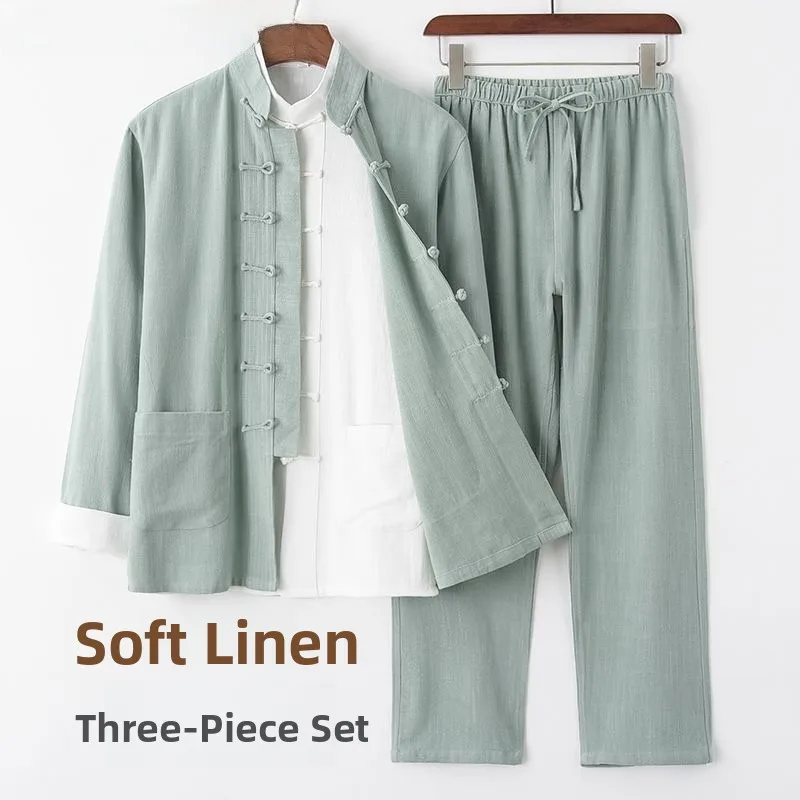 

Весенне-летний мужской хлопковый льняной комплект из длинной футболки Све, традиционная китайская одежда, национальный тренд, чайный костюм