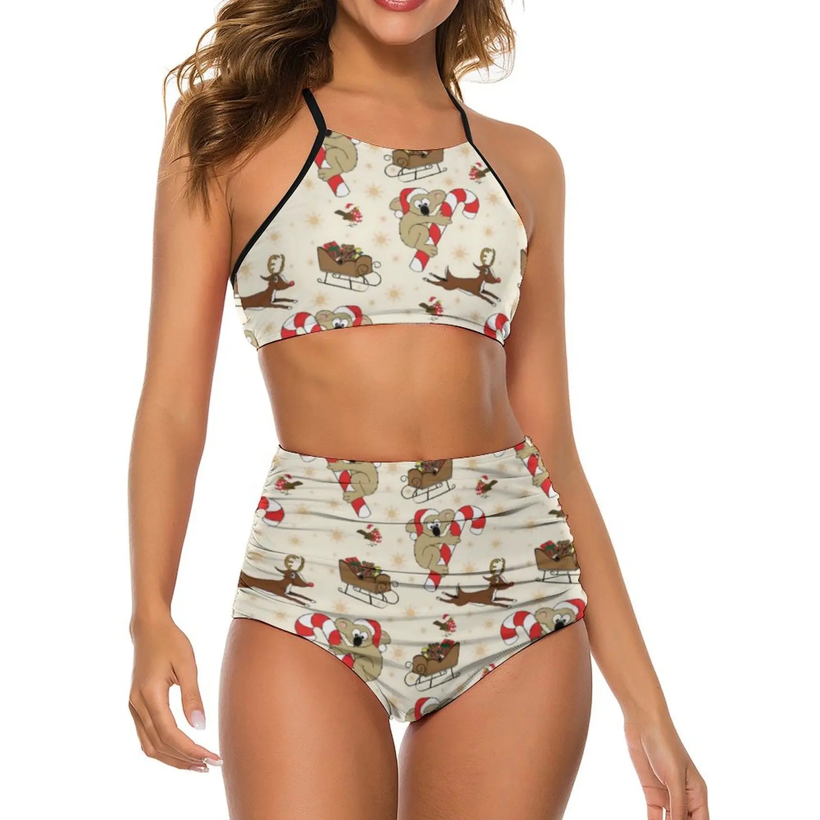 

Sexy Cute Santa Sloths Bikini Set Happy Holidays Modern Bikini Swimsuit High Waist Swimwear Surfing Oversize Bathing Suit