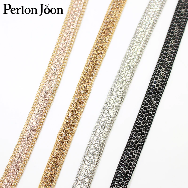 gold silver chain rhinestone trim tape hot fix craft crystal decoration iron on webbing clothing bags shoes TR163