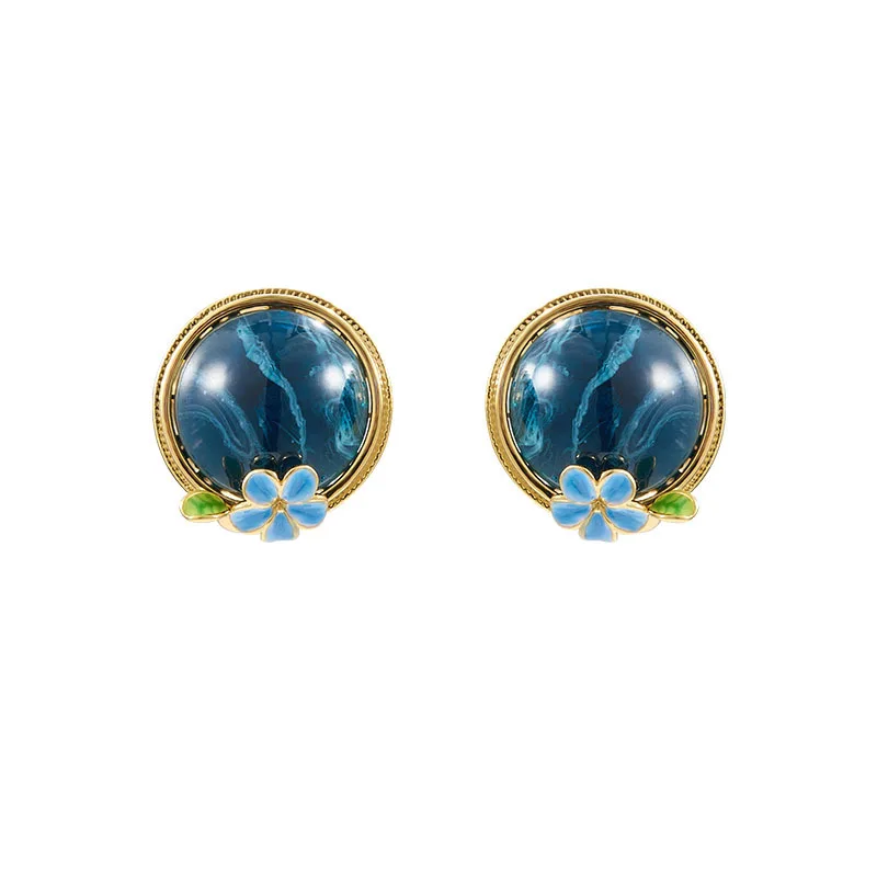 

Hand-painted Enamel Round Blue Flower Earrings Personalized Simple Style Women's Earrings Natural Stone Trend Ear Ring