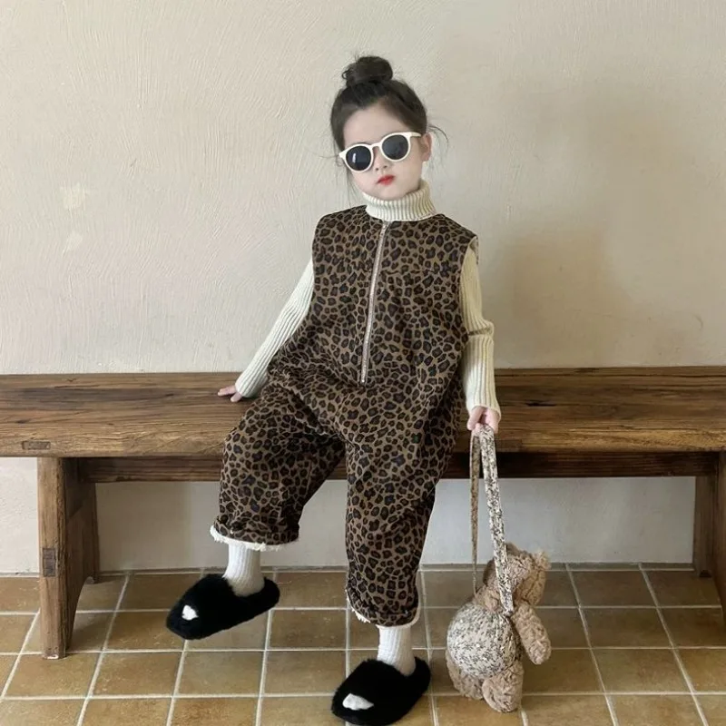 Korean Autumn Winter Kids Velvet Leopard Print Jumpsuit Thick Warm Baby Boys Romper Clothes Infant Baby Girls Overalls Onesie