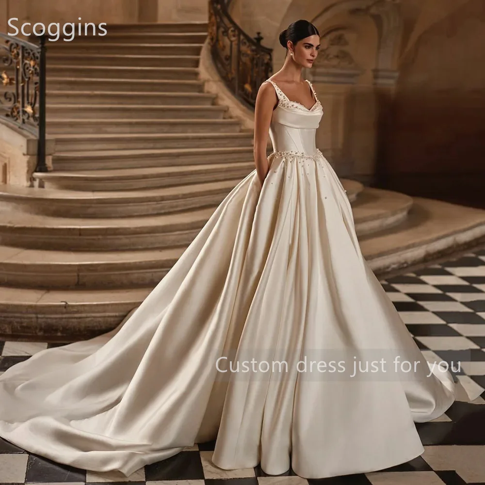 Scoggins فساتين سهرة Personalizar Vestido De Noite De Luxo A Linha Querida Batidas Andar De Comprimento Zipper Up Vestido De Casamento Sem Mangas